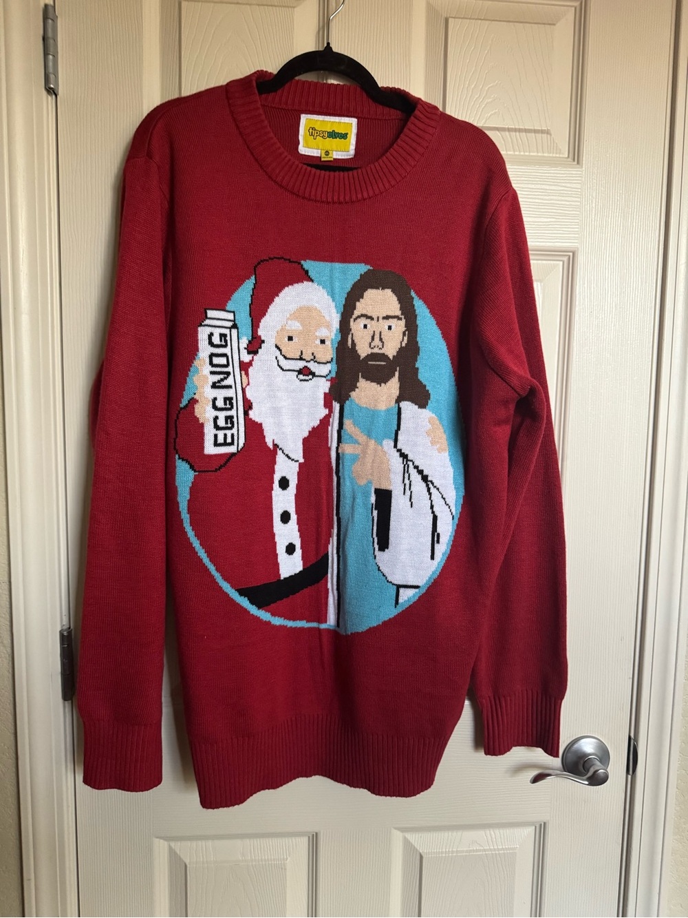 EUC Tipsy Elves Red Holiday Crewneck with Santa and Jesus Graphic, Ugly Sweater